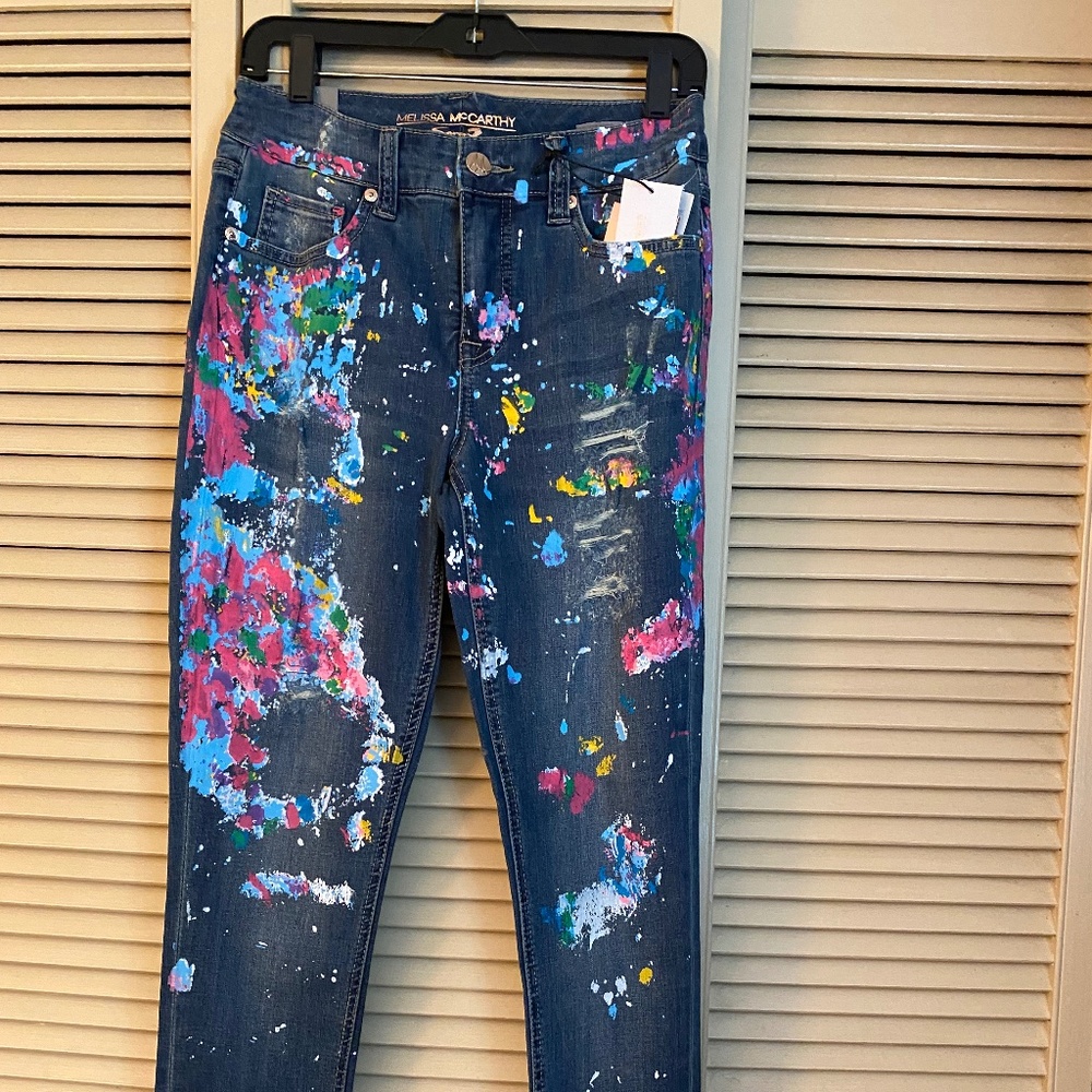 Melissa McCarthy Seven7 skinny size 6 paint splattered distressed jeans